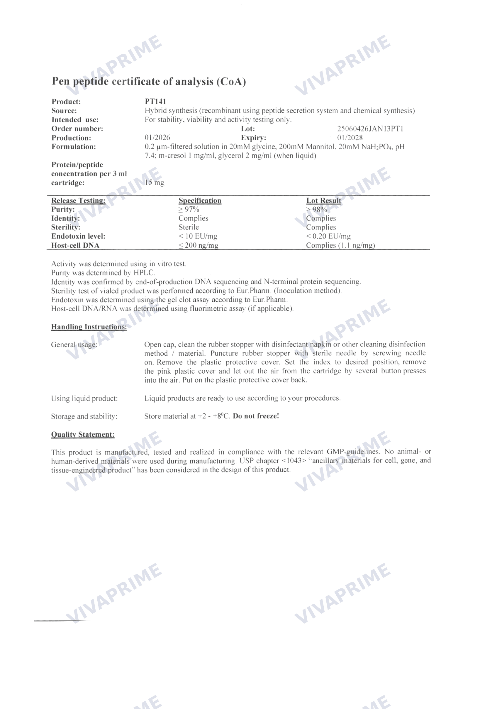 PT-141 Certificate of Analysis — batch 25060426JAN13PT1, 98.0% purity (HPLC)