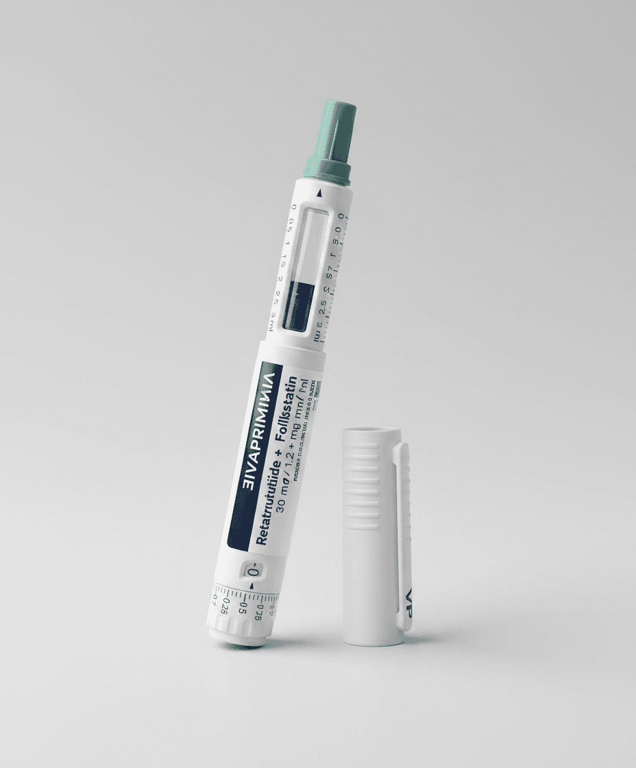 Retatrutide + Follistatin research pen — angled view